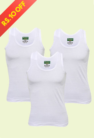 Poomer Cotton Men's White Sleeveless Vest (3s Pack)